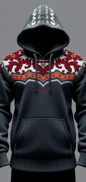 Vintage men’s hoodie featuring ornate red and white embroidery on dark fabric.