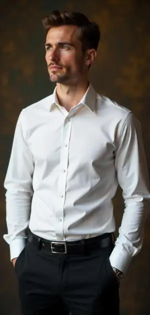 A gentleman models pristine white formal dress shirts for men designed for wedding celebrations.