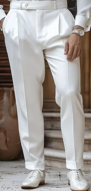 Casual wedding pants for men Elegant white wedding pants for men with pleats and polished details.