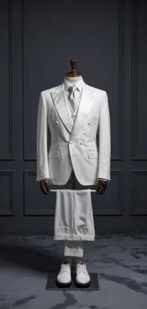 White formal suit with matching shoes for a seamless stylish outfit.