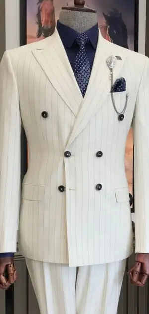 Formal mens clothing suits A white double-breasted pinstriped suit with elegant details for formal occasions.