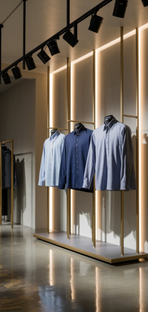 Three shirts on mannequins in a contemporary store with formal attire