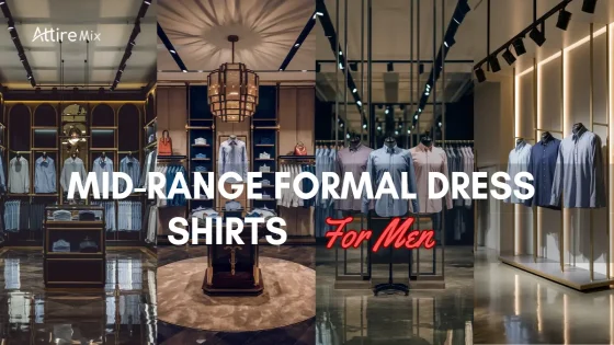 Display of mid-range formal dress shirts for men in a stylish retail setting