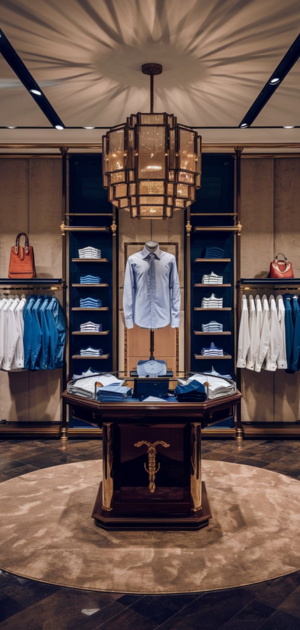 Mannequins with blue dress shirts in a minimalist display setting