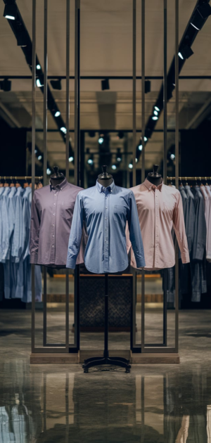 Luxurious showroom with neatly arranged dress shirts on display shelves and