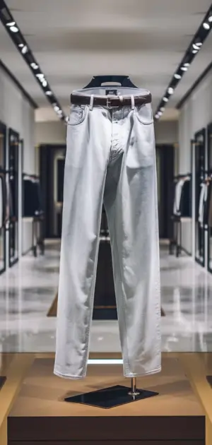Simple white jeans displayed in a minimalist store design.