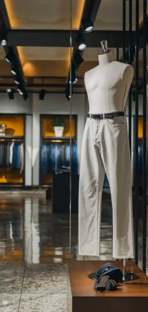 Mannequin wearing white jeans in a designer store.