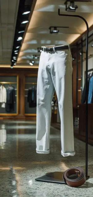 White jeans displayed elegantly in a luxury store.