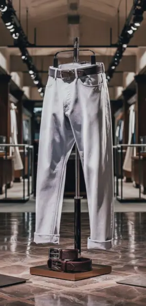 Folded white jeans showcased in a stylish retail interior