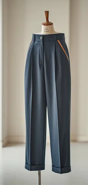 Slate blue trousers with orange stripe on mannequin