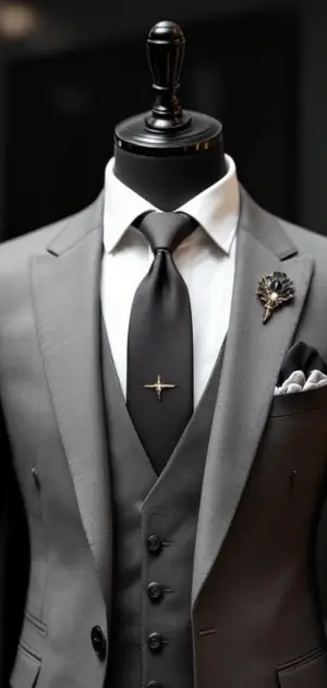 Grey suit with a black tie and a star-shaped lapel pin