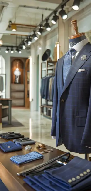 Blue pinstripe suit with a patterned blue tie, pocket square, and silver lapel pin.