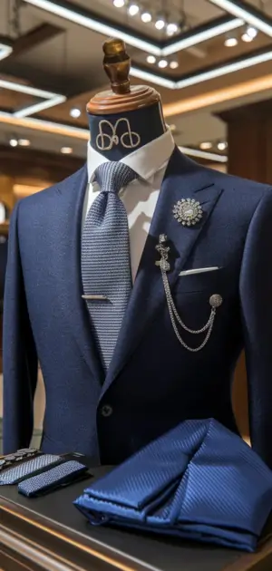 Navy suit with matching blue tie, lapel chain, and pocket square in a showroom.