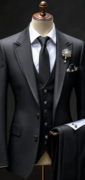 Sleek black suit with a black tie and statement silver brooch