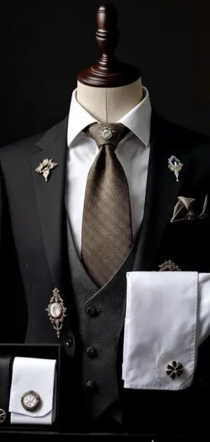 Black suit with a brown tie and ornate silver accessories