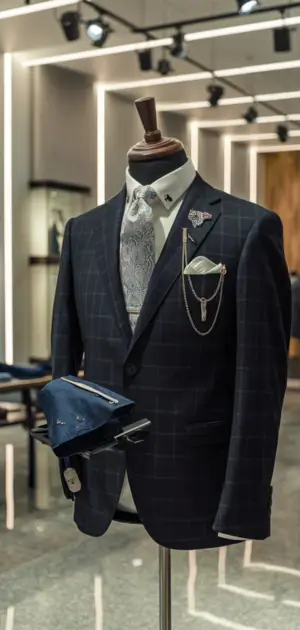 Black checkered suit with silver tie, chain accessory, and pocket square on display.