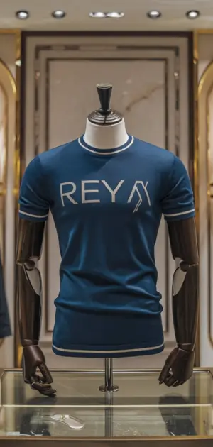 Blue t-shirt with 'REY/' print in a luxury setting