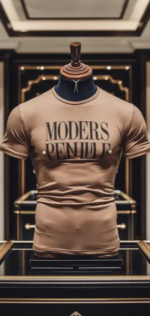 Brown t-shirt with 'MODERS PENNILE' print on display