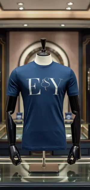 Navy blue 'E&Y' mid-range t-shirt showcased