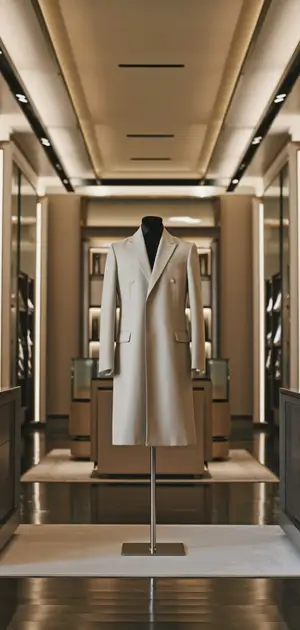Beige minimalist coat on display