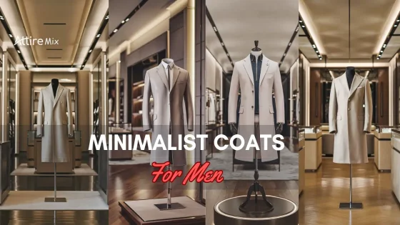 Wide shot of minimalist coats for men in a luxury boutique