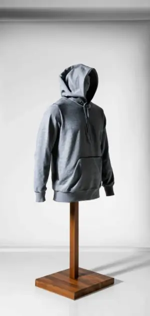 Black zip-up minimalist hoodie paired with chinos and loafers
