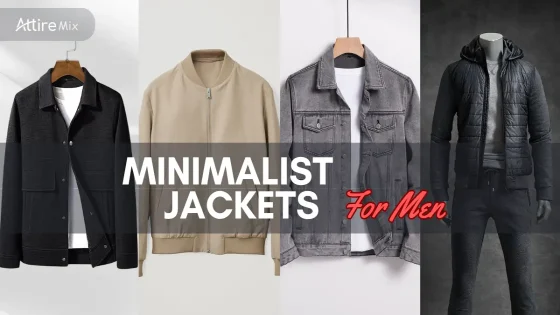 A collection of men's minimalist jackets featuring black, beige, grey denim, and quilted styles.