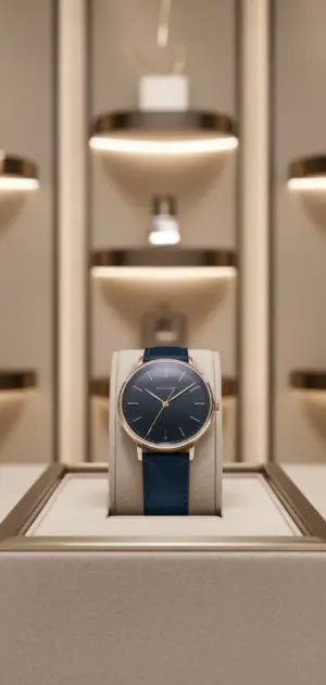 Elegant minimalist watch on a wooden stand with a leather strap.