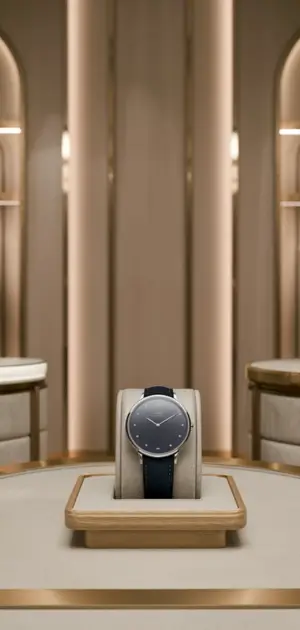 Sleek minimalist watch displayed in a modern boutique.