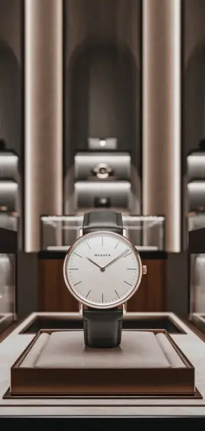 Minimalist watch with a deep blue dial on a cream stand