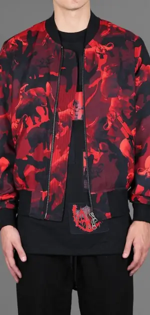 Men’s abstract jacket with bold red and black artistic patterns for a modern look.