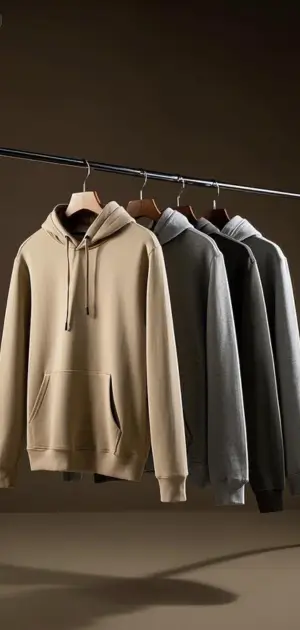 A row of men's neutral hoodies in beige and gray, featuring modern and sleek designs.