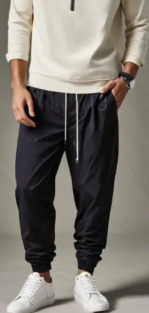 Modern black jogger sports pants paired with a cream sweatshirt and sneakers.