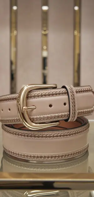Neutral leather belt with a rectangular buckle displayed in a high-end setting