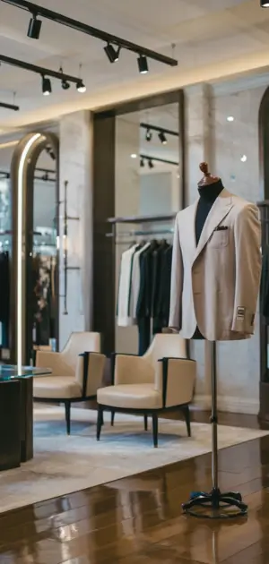 Double-breasted beige blazer in a luxury store setting
