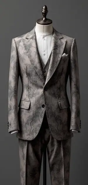 Patterned grey suit with a white shirt on a mannequin