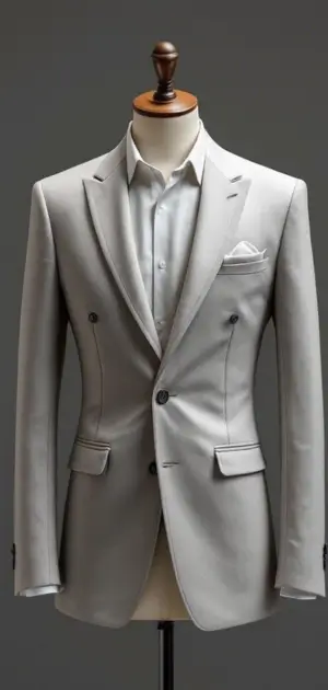Light grey blazer with matching shirt, styled without a tie