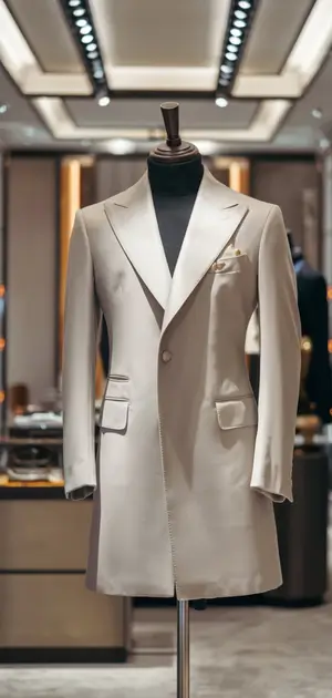 Elegant neutral-toned coat with black turtleneck on display in a stylish retail store
