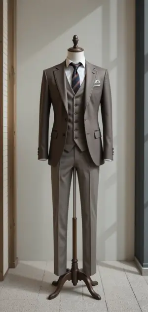 A mannequin in a gray checkered three-piece suit and blue tie is in a stylish room.
