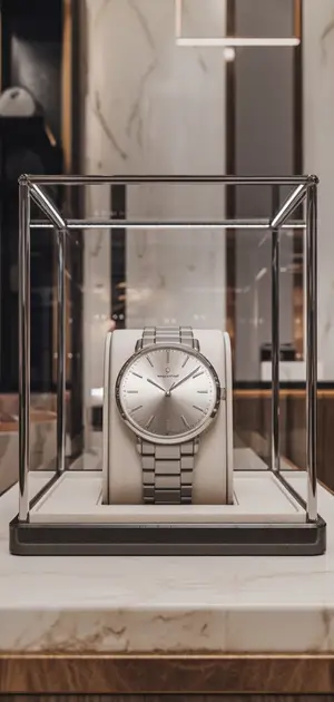 Neutral-tone stainless steel watch with a minimalist silver dial
