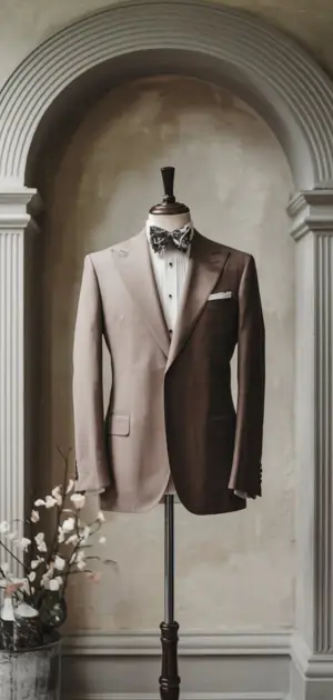 Formal mens clothing suits Neutral-tone displayed on a mannequin in a classic archway setting.