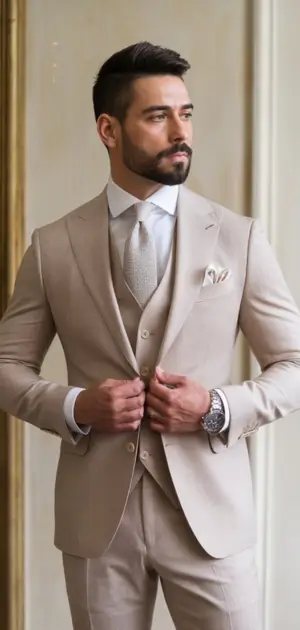 Formal suits design for men Man wearing a beige three-piece suit with a matching tie and pocket square.