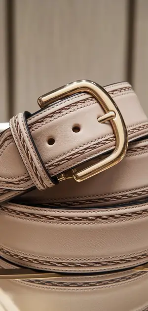 Neutral belt with a minimalist design and a gold buckle in a luxury store