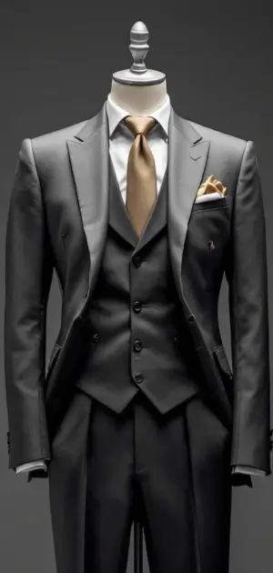 Black three-piece suit with gold tie and matching pocket square