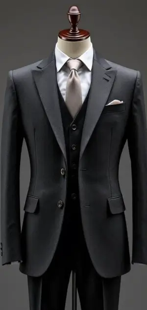 Classic black three-piece suit with silver tie on a mannequin