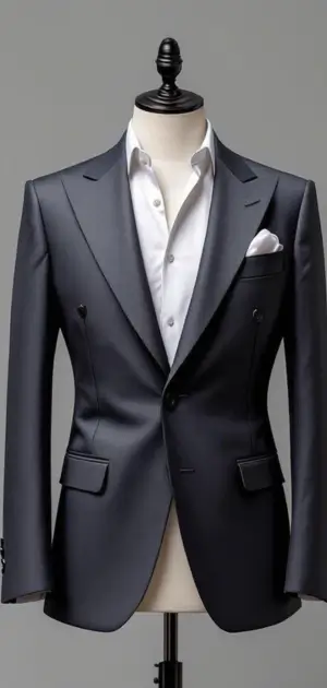 Sharp dark grey suit with white shirt and no tie on a mannequin