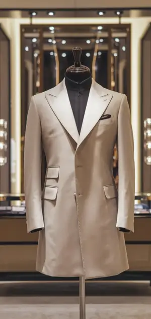 Beige formal coat with classic design displayed in a high-end fashion store
