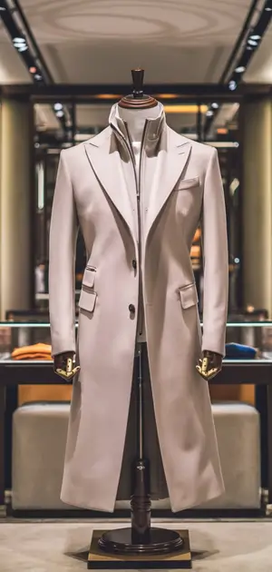 Formal light beige coat with striped shirt on a mannequin in a premium retail setting