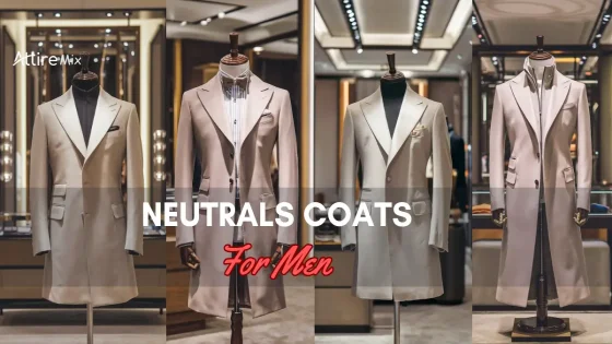 Mannequins displaying Neutrals Coats For men in a high-end fashion store