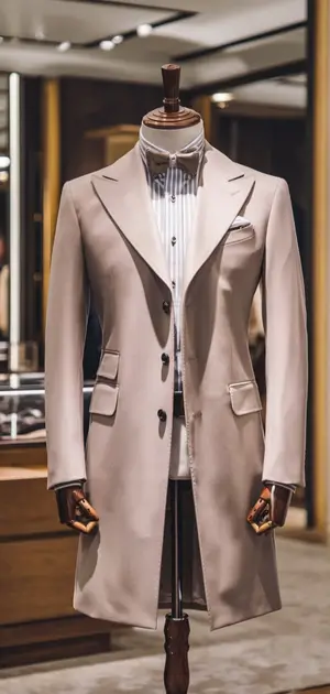 Mannequin dressed in a beige formal coat with classic lapels in a luxurious store